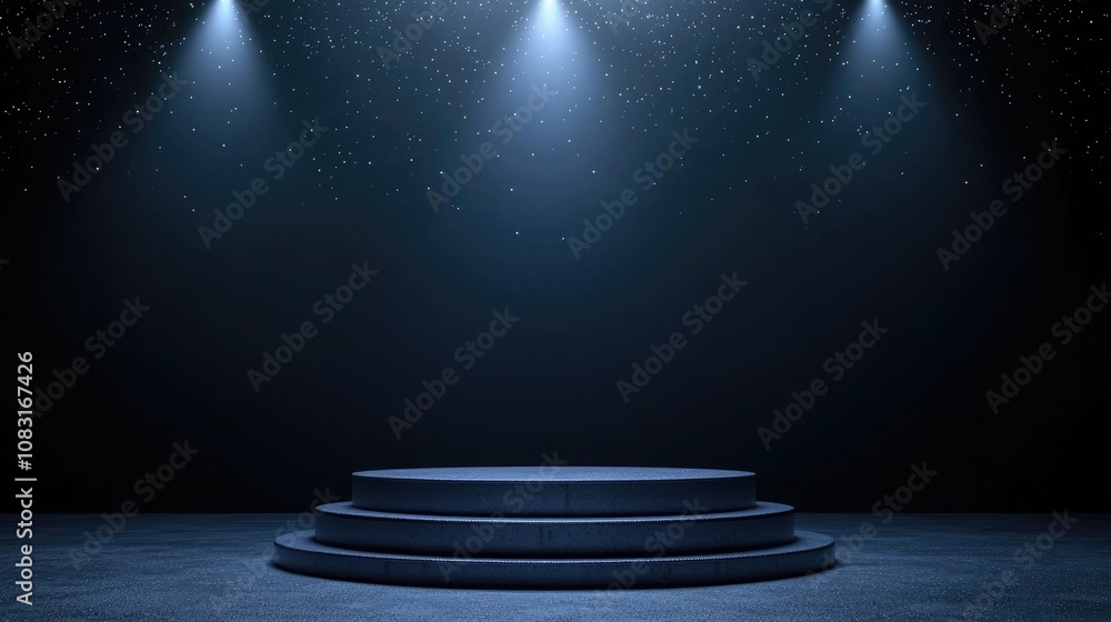 Obraz premium Three-Tiered Circular Pedestal Illuminated by Spotlights in a Dark Room with Glittering Dust