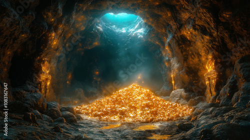 A hidden treasure cavern, bathed in golden light, reveals a glittering mound of riches beneath an opening to the sky, radiating mystery and untold adventure. photo