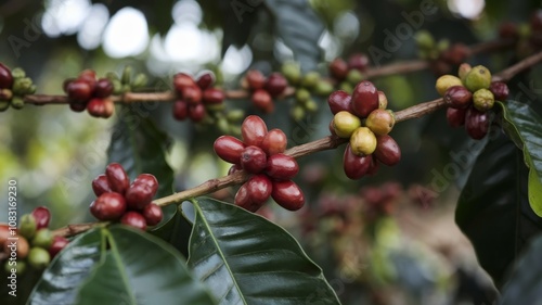 Close-up of coffee plant in Indonesia with ripe coffee cherries photo