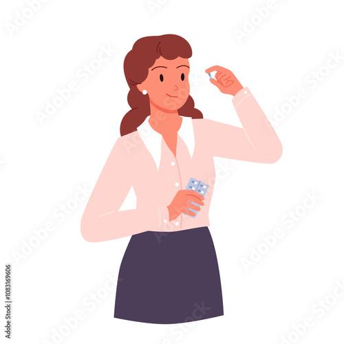 Woman taking pill with smile. Young businesswoman patient character holding capsule in hand to swallow, take medication for treatment of diseases by doctors prescription cartoon vector illustration