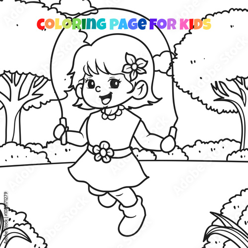 Girl playing jumping rope in the park outline coloring page illustration