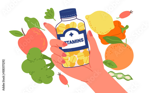 Dietary vitamin and mineral supplement for body health. Hand holding pharmacy bottle of multivitamin complex pills among fresh healthy natural vegetables and fruits food cartoon vector illustration