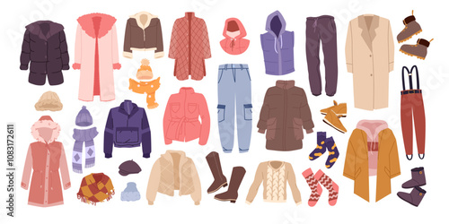 Winter clothes and shoes for fashion outfits set. Cold season wardrobe collection with casual wear for men and women, coat and scarf, wool hat and sweater, boots and socks cartoon vector illustration