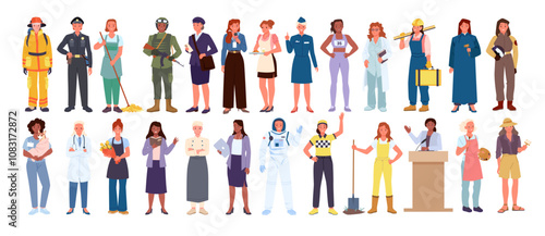 Young female characters with various professional occupation, front portraits of happy smiling girls workers in uniform cartoon vector illustration. Women of different professions and career