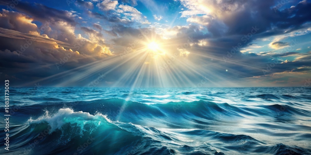 Obraz premium A breathtaking panoramic view of a sunlit ocean with rolling waves and dramatic clouds