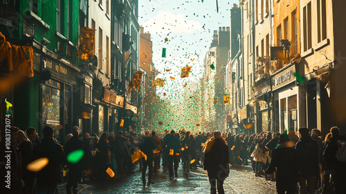 Crowd celebrating Saint Patrick's Day with colorful confetti in a bustling city street