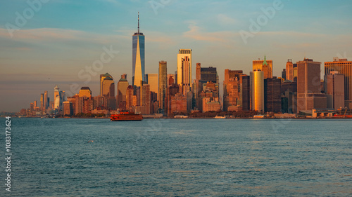 Manhattan skyline with WTC. Financial District NYC. Twin Towers memorial. World Trade Center over Hudson river.
