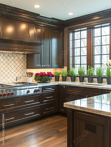 Elegant dark wood kitchen with granite countertops, stainless steel appliances, and herb garden window. photo