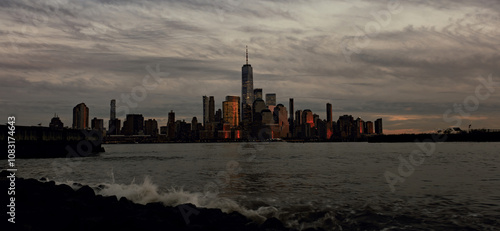 One World Trade Center. WTC memorial. Lower Manhattan view. View from New Jersey. New York City skyline. New York skyline of World Trade Center.