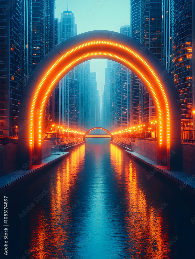 Fototapeta premium Futuristic city canal with glowing orange arch.
