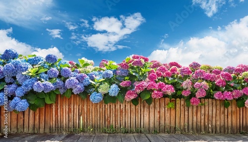 Colorful Hydrangea flowers in front of wooden fence with blue sky background. Colorful hydrangeas in garden, close up. Purple blue pink hortensia blooms. Endless summer Hydrangea flowers.