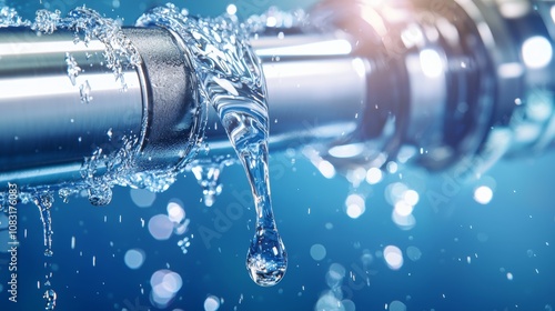 Plumber's view of leaking stainless steel pipe under sink, water dripping in focus, subtle blue background to convey calm urgency for repair