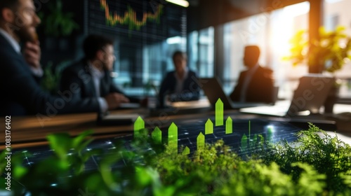 A modern office setting showcasing green architecture concepts, with a focus on sustainable development and business discussions.