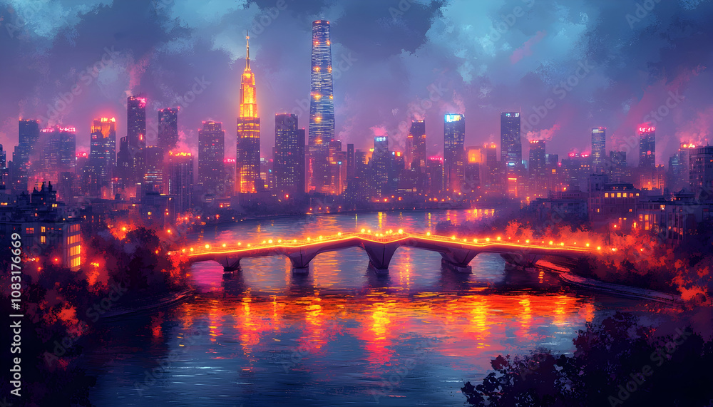 Fototapeta premium Night cityscape with bridge and river reflections.