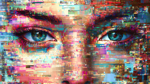 Exploring the unique aesthetics of pixelated glitch art in modern face recognition technology. Glitch. Illustration photo