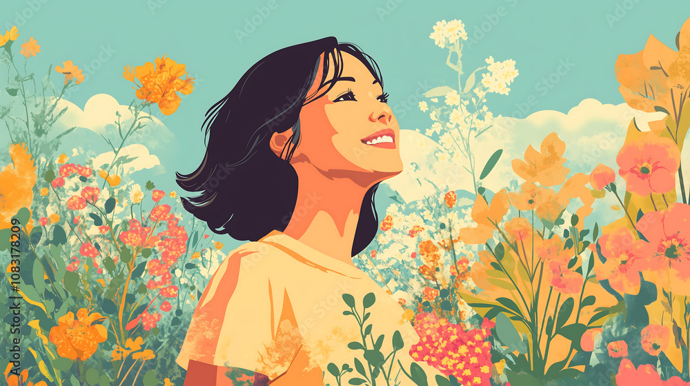 Naklejka premium joyful woman smiling amidst vibrant flower field, surrounded by colorful blooms and bright sky. scene captures sense of happiness and nature beauty
