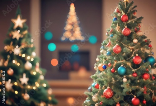 Decorated Christmas tree on blurred backgroundDecorated Christmas tree on blurred background - generative ai photo