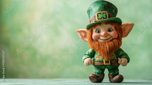 A cheerful leprechaun figure celebrating Saint Patrick's Day with a lucky charm photo