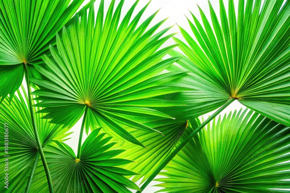 Obraz premium Natural Green Fan-Shaped Palm Leaves Isolated on White Background - Macro Photography of Tropical Foliage, Exotic Plant Details, Nature Elements for Home Decor, Backgrounds, and Design