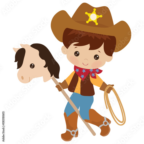 Cute little cowboy riding a horse vector cartoon illustration