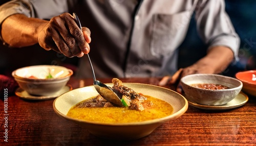 Faceless man eat Gulai Tempoyak in restaurant with bokeh background. Malaysian Food. photo