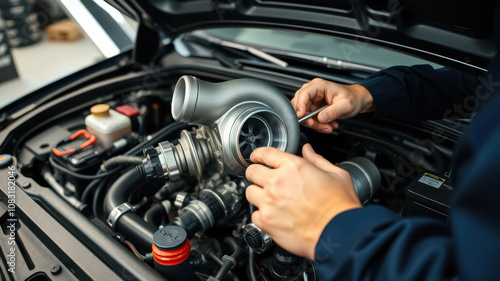 Working on car engine with turbocharger, showcasing mechanical skills turbocharger installation concept