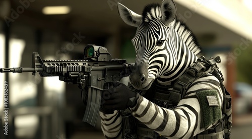 A zebra in tactical gear aiming a firearm, blending animal and military themes. photo