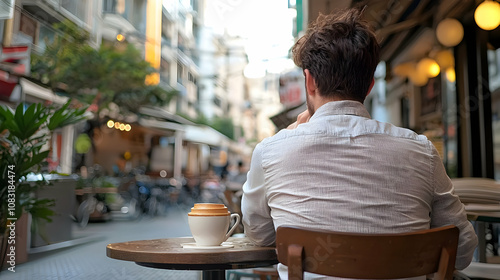 Man Contemplating City Life: A lone man sits at a cafe table, lost in thought, as he observes the bustling city life around him. His back is turned, creating a sense of introspection and mystery.