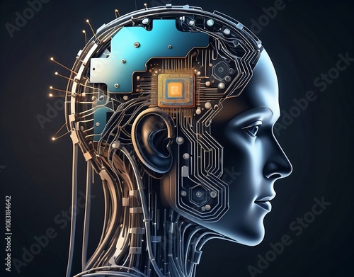 Humanoid female's head on black background. Computer science illustration. Author Artist Nadia Russ.