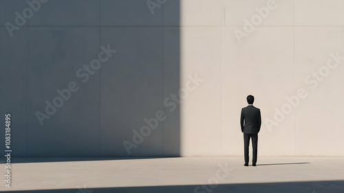 The Path Ahead: A lone businessman stands facing a stark wall, bathed in the ethereal glow of a single ray of light. His back is turned, a symbol of contemplation and the uncertainty of the future.