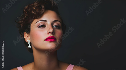 Glamorous Retro Portrait: A captivating close-up of a woman with a vintage hairstyle and makeup, exuding confidence and elegance.