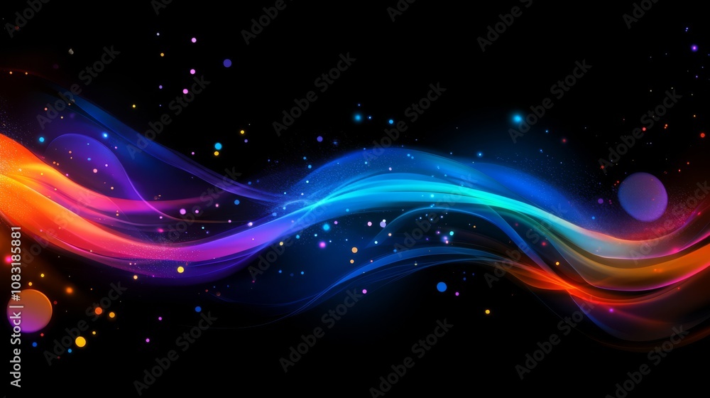 Fototapeta premium Abstract colorful wave with glowing particles on a black background.