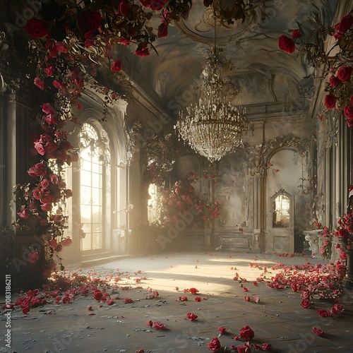 Sunlit Ballroom with Rose Petals and Chandelier