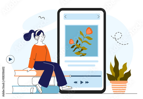 Woman with audio guide. Girl in headphones near smartphone with pictures. Information about art objects. Cultural recreation and leisure. Online exhibition and gallery. Linear vector illustration