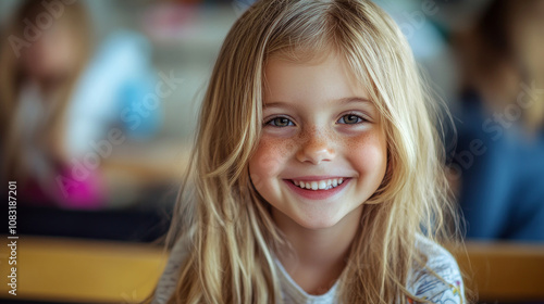 Wallpaper Mural Portrait of smiling preschool girl with freckles showing happiness Torontodigital.ca