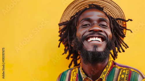 Young rastafari musician smiling on yellow background and copyspace photo