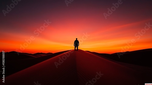 Silhouette of a man standing on a sand dune at sunset, vibrant orange sky. photo