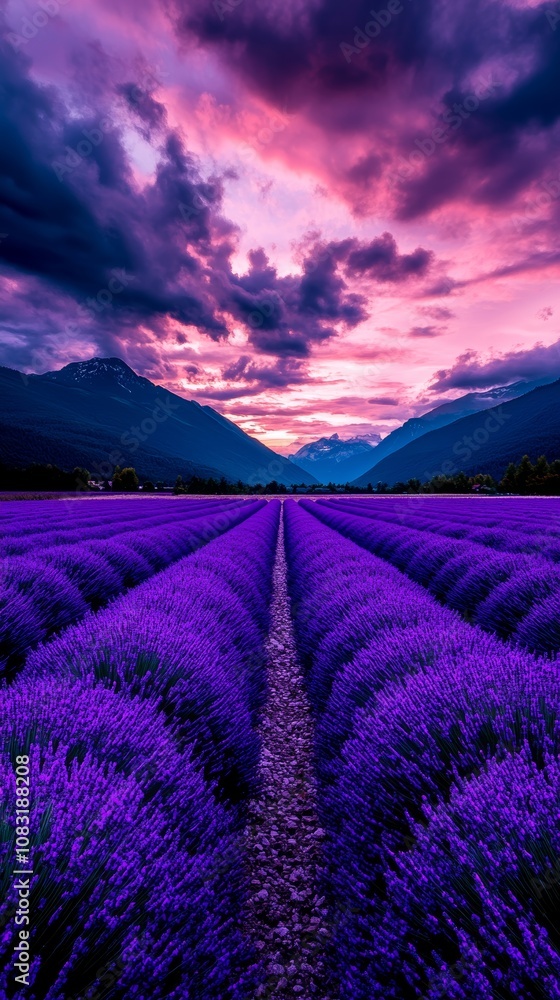 Naklejka premium Vibrant purple lavender field at sunset. Serene landscape with mountains in the background.