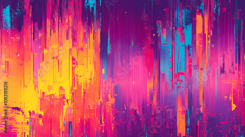 Abstract digital glitch background with futuristic cyberpunk design, retro futurism, webpunk, rave aesthetic in neon techno colors. Glitch. Illustration photo