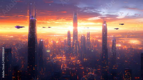 Wallpaper Mural Futuristic City Skyline at Sunset with Flying Vehicles and a Starry Sky Torontodigital.ca