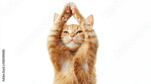 Playful cat standing upright with front paws raised, tail elegantly extended, on transparent background, capturing a moment of feline curiosity and charm photo