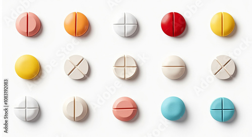 Colorful Pills Illustration with Diverse Tablets in a Grid Pattern on White Background, Perfect for Medical and Pharmaceutical Concepts photo