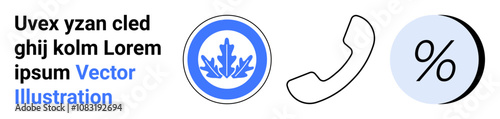 Contact support badge in blue, outlined telephone handset, percentage sign in gray. Ideal for website banners, customer service sections, discount offers, help centers, financial services, online