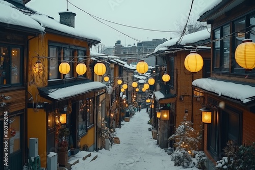 Snowy lantern lit alleyway in a picturesque winter village evoking a nostalgic and serene atmosphere with glowing festive lights and rustic wooden architecture photo