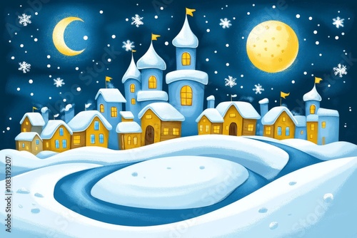 Cartoonish snowy village with crescent moon golden stars and whimsical houses under a starry night sky evoking a playful and magical winter scene for festive designs photo