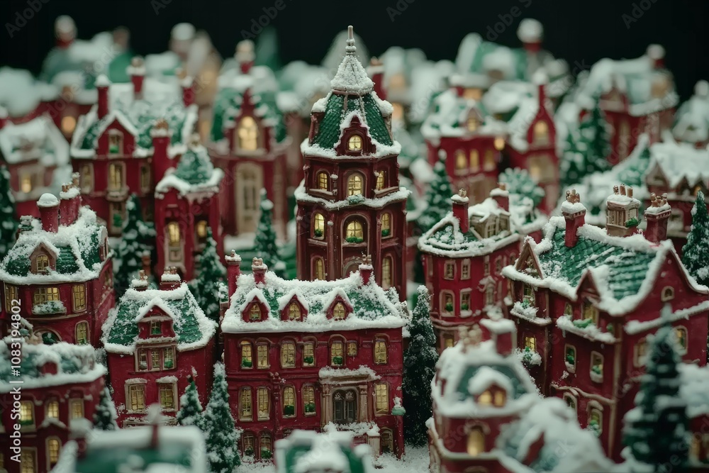 Obraz premium Festive miniature village adorned with snow covered roofs and warm glowing windows creating a nostalgic and charming Christmas setting