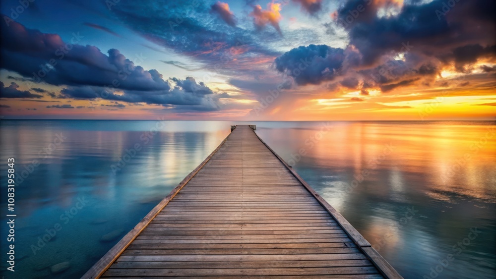 Fototapeta premium A wooden pier extends into a tranquil sea, the horizon ablaze with the vibrant hues of a breathtaking sunset.
