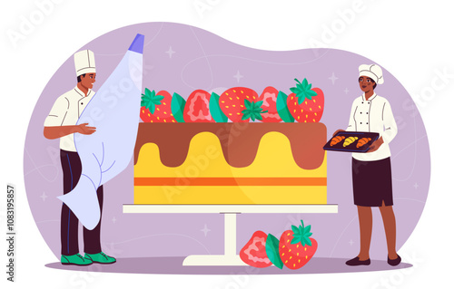 Confectioners with cake. Team of bakers with cake with strawberries. Dessert and delicacy. Bakery and pastry products. Flat vector illustration