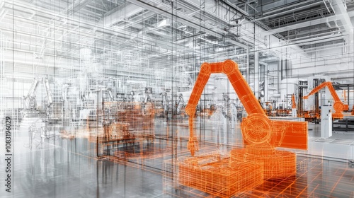 High-tech manufacturing facility with orange safety gear and futuristic machinery that works efficiently with robotic automation