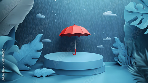 Umbrella staged on a podium with a monsoon backdrop, ideal for seasonal product promotions. Monsoon. Illustration photo